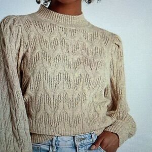NWOT Express Metallic Sweater Puff Sleeve Gold threading Open Stitch Size Small